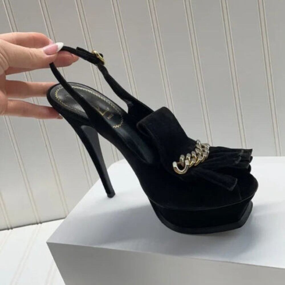 Yves Saint Laurent YSL Black Suede Fringe Chain Platform Pumps Size 8.5 - Picture 5 of 8